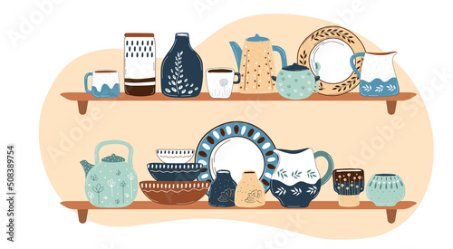 Ceramic cooking crockery. Decorative handmade kitchen utensils or tableware such as plates, cups, dishes. Cookware for food preparing, serving and decoration design hand drawn vector illustration