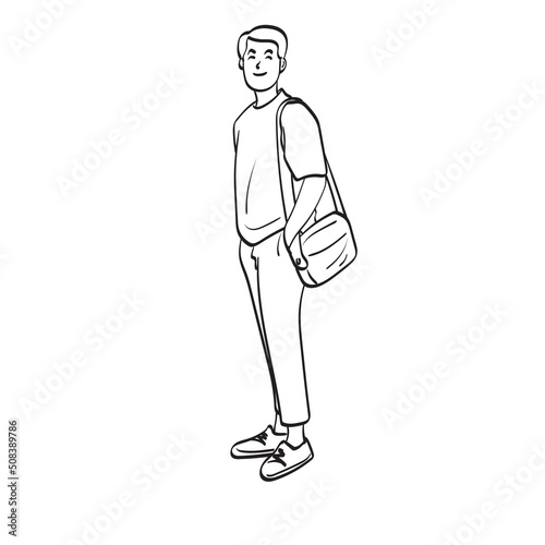 line art full length man standing with bag illustration vector hand drawn isolated on white background