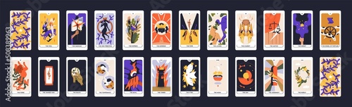 Tarot cards design. Occult major arcanas deck with esoteric magic symbols. Pack of spiritual signs of emperor, fool, lovers, moon in modern style. Isolated colored flat graphic vector illustrations