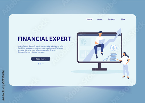 Financial expert consultation concept. Landing page. Accounting consultations. Calculating financial risk graph. Characters count money.