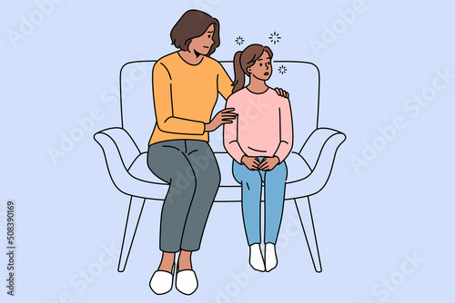 Loving young mom talk with stressed teen daughter suffering from bullying at school. Caring mother comfort support little teenager girl child. Motherhood concept. Vector illustration. 