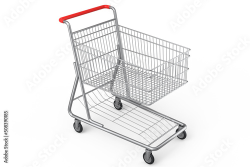 Shopping cart or trolley for groceries on white background.