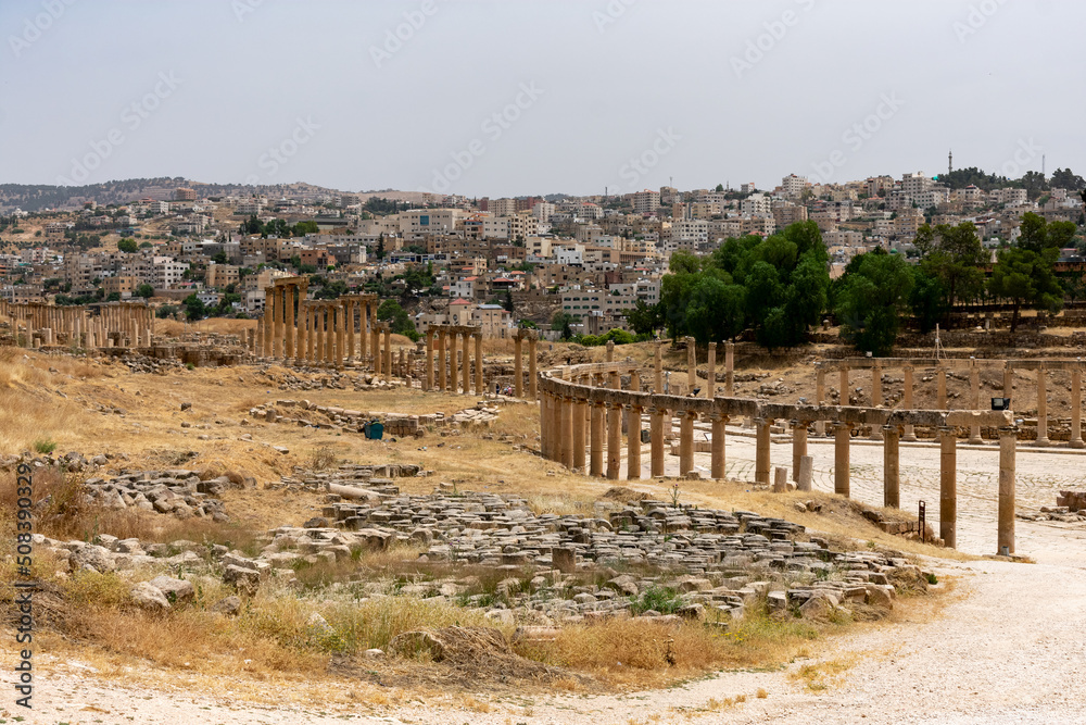 Jerash, Jordan - June 5 2019: Glimpse of Jerash, the ancient Roman city of Jordan