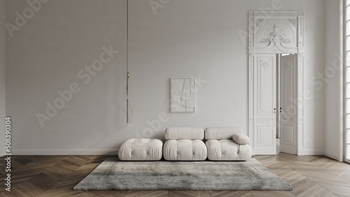 Fototapeta Naklejka Na Ścianę i Meble -  White room in classical style mockup 3d render with large decorated door, classic window, sofa, carpet and wooden floor