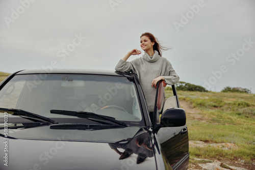 woman near car travel nature trip female relaxing