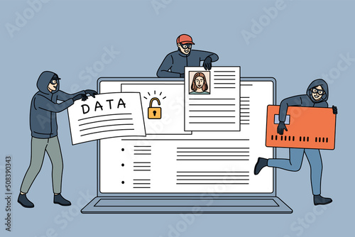 Group of hackers steal personal information from computer. Internet thieves hack laptop security system, get secured data and passwords. Web robbery and fraud. Vector illustration. 