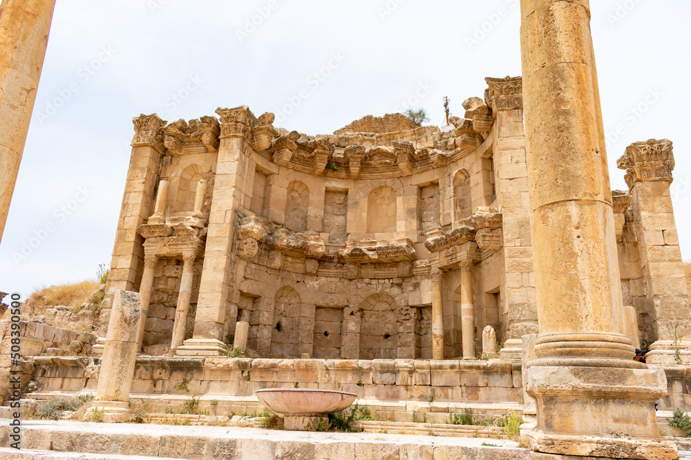 Jerash, Jordan - June 5 2019: The nymphaeum, the fountain of Jerash