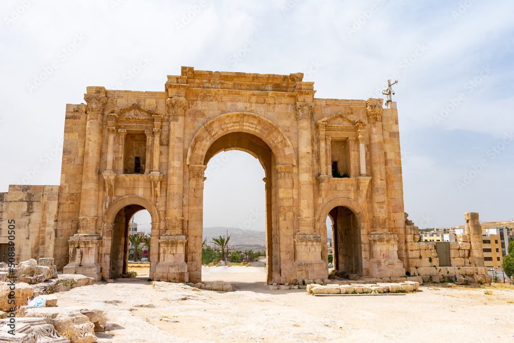 Jerash, Jordan - June 5 2019: The arch of Hadrian at the entrance to Jerash