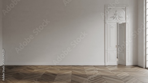 Empty white room in classical style mockup 3d render with large decorated door  classic window  and wooden floor