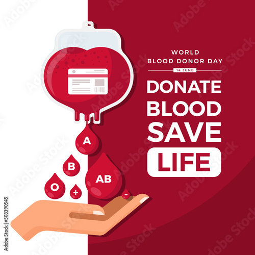 world blood donor day, donate blood save life - hands are receiving drop of blood drops various blood types that flowed from the blood bag