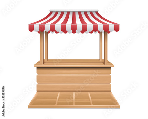 Realistic wooden canopy kiosk with red and 

white striped. Market stall fair booth. empty 

wooden market stand. 

