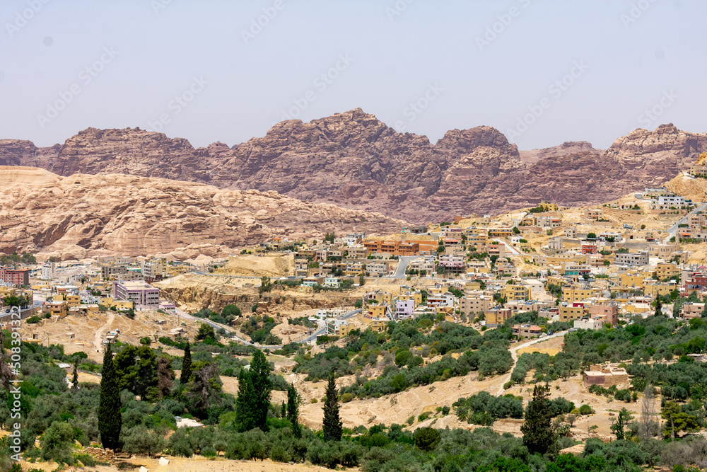 Wadi Musa, Jordan - June 6 2019: Spectacular view of Wadi Musa in Jordan
