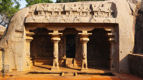 Outside facade of Varaha Cave showing four lion pillars, Mahabalipuram, Tamilnadu, India