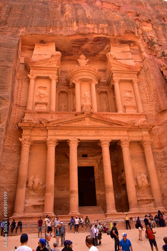 Petra, Wadi Musa, Jordan - June 6 2019: El Khasneh, the funerary monument carved into the rock Petra, Wadi Musa, Jordan - June 6 2019: El Khasneh, the funerary monument carved into the rock