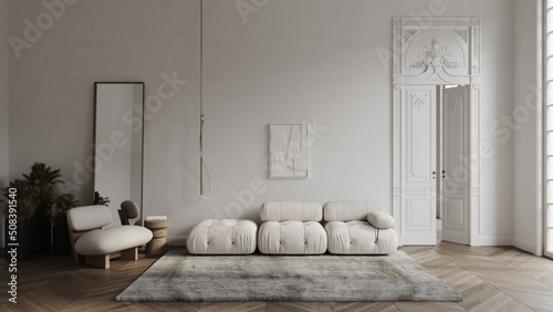 White room in classical style mockup 3d render with large decorated door, classic window, chair, sofa, carpet, mirror and wooden floor