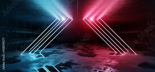 Cyber neon laser Interior. Garage room hangar with sci fi glowing blue red tubes. Futuristic dark tunnel warehouse with metal panels wall lighted with lights. Construction 3d Rendering