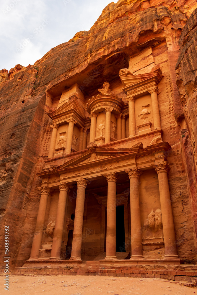 Petra, Wadi Musa, Jordan - June 6 2019: The mystical facade of Al Khazneh in Petra
