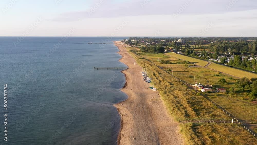 Dahme, Germany - July 31, 2021: Aerial drone view of Dahme Beach in Schleswig-Holstein. Dahme, Germany - July 31, 2021: Aerial drone view of Dahme Beach in Schleswig-Holstein.