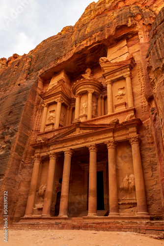 Petra, Wadi Musa, Jordan - June 6 2019: The mystical facade of Al Khazneh in Petra