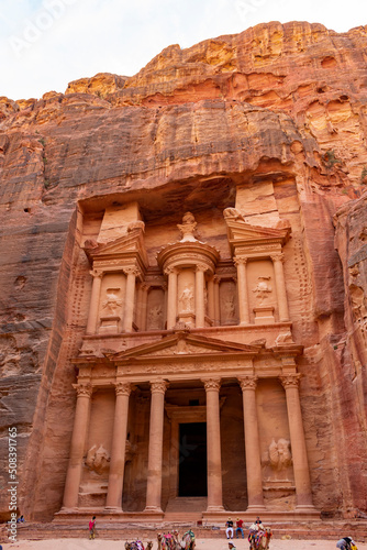 Petra, Wadi Musa, Jordan - June 6 2019: The incredible El Khasneh facade in Petra