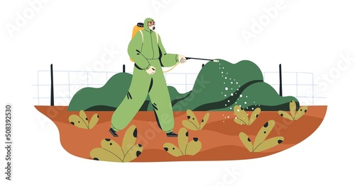 Farmer spraying plants with chemical fertilizer. Agriculture crops treatment with fungicide. Worker in safety equipment at farm plantation. Flat vector illustration isolated on white background
