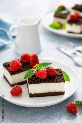 Chocolate cube cake, sliced brownie cheesecake with fresh raspberry