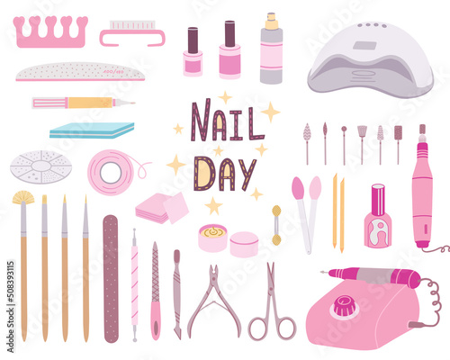 Big manicure set, manicure accessories, equipment, tools. UV lamp, apparatus for manicure, scissors, nail file and nail polish etc. Vector Illustration for backgrounds. Isolated on white background.