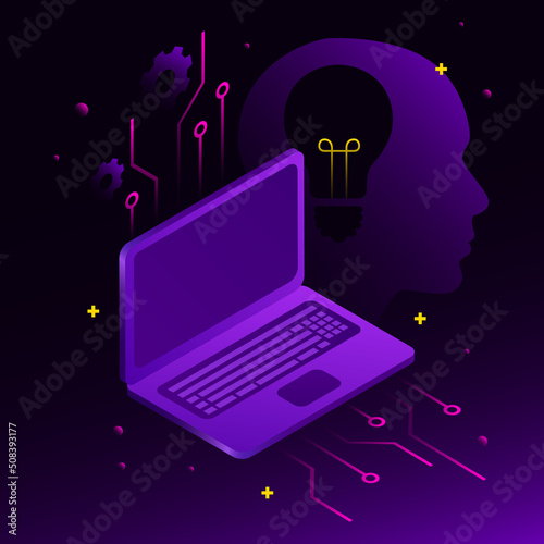 Graphic Laptop and Human Profile Outline. AI Illustration. Vector illustration