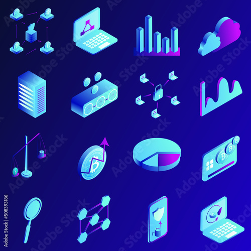 Isometric icons collection on Crypto Currency, Crypto Currency Coins or international stock exchange.