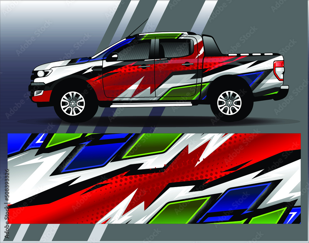 Car wrap design vector. Graphic abstract stripe racing background kit designs for wrap vehicle, race car, rally, adventure and livery