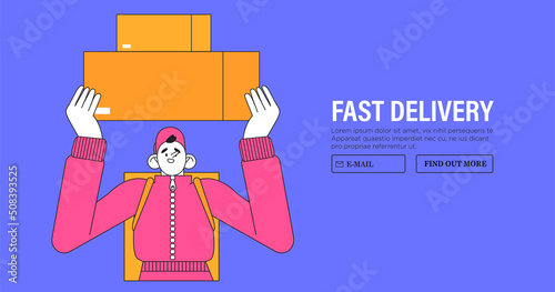 Delivery service for commercial and private interests concept for web banner, ui and application. Courier boy with thermal bag hold package paper box or parcel. Fast, express city package delivery.