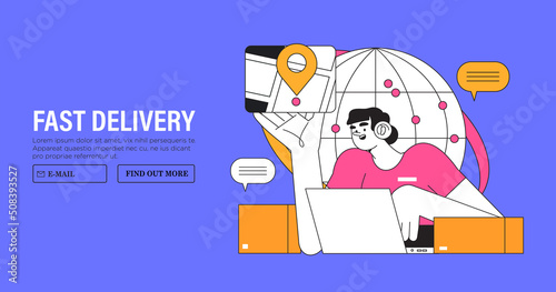 Online delivery service, logistics or delivery tracking gps navigator concept for banner, mobile application or website. Woman with headphones and laptop say courier location or adress on map.