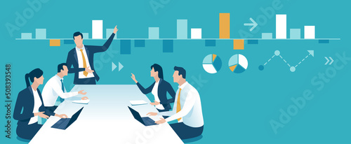 Team and business chart. The team discusses stock market developments. Vector illustration.
