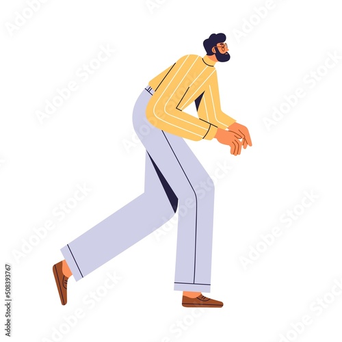 Person going with back crooked and hunched up. Unhealthy tired exhausted employee. Roundbacked man geek after sedentary lifestyle. Flat graphic vector illustration isolated on white background