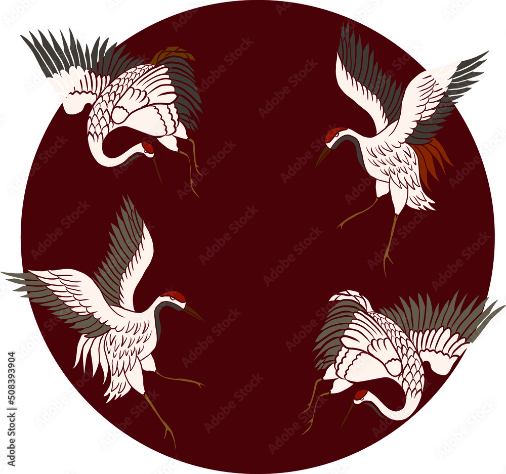 Obraz premium Crane and Japanese wave vector illustration for T-shirt.Traditional Chinese wave in circle.Beautiful line art of nature for printing on shirt.Asian art for doodle and painting on background.