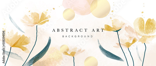 Spring floral in watercolor vector background. Luxury wallpaper design with yellow flowers, line art, circle shapes. Elegant gold blossom flowers illustration suitable for fabric, prints, cover.