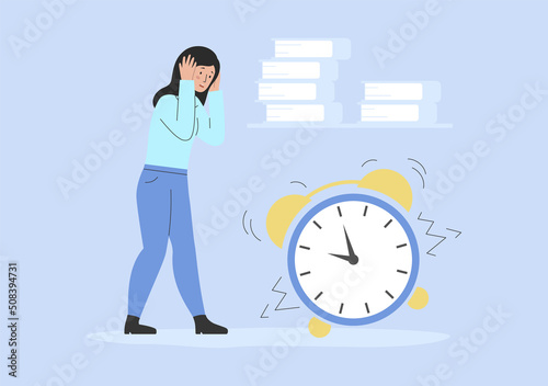 Concept Of Business Planning, Scheduling, Compliance With Deadlines, Time Management, Burnout. Stressed Business Woman Stands Near Huge Clock Alarm In Office. Cartoon Flat Style. Vector Illustration