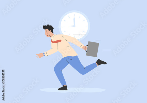 Concept Of Deadline, Stress At Work. Frustrated, Burnout Worker Is Running With Briefcase. Businessman Is Hurrying Up On Important Meeting. Big Clock On Background. Cartoon Flat Vector Illustration