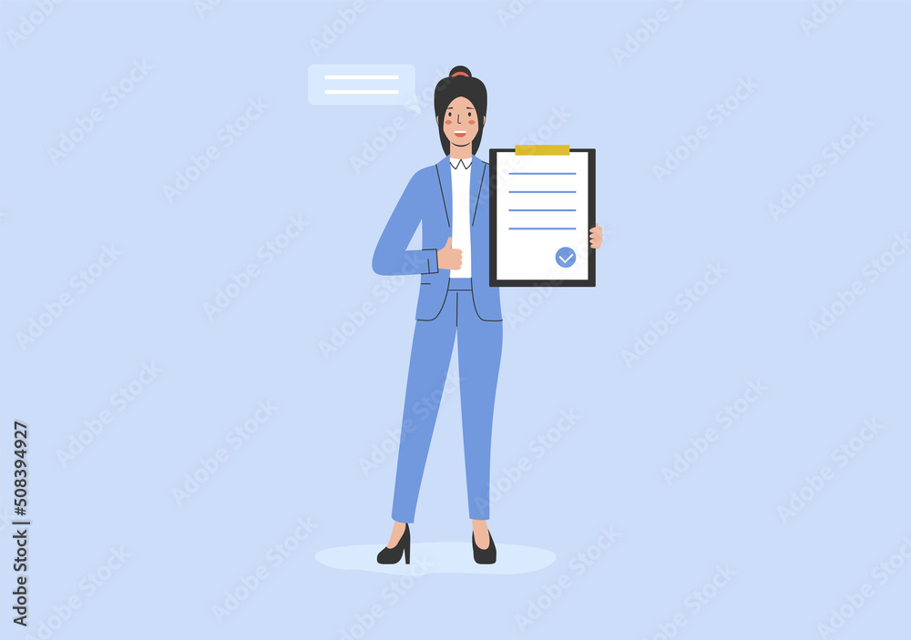 Concept Of Job Experience, Recruitment, Human Resources. Happy Female Character Holding Signed Work Contract. Successful Happy Hired Woman Is Showing Her CV. Cartoon Flat Style. Vector Illustration