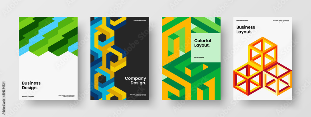 Vivid brochure A4 design vector template composition. Modern mosaic pattern magazine cover illustration set.