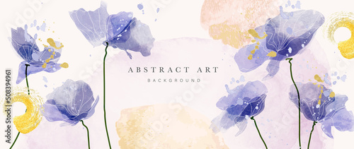 Spring floral in watercolor vector background. Luxury wallpaper design with blue flowers, line art, circle shapes. Elegant gold blossom flowers illustration suitable for fabric, prints, cover.