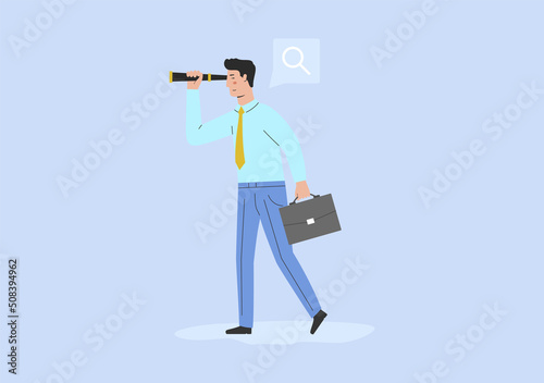 Concept Of Start New Project Or Business, Investment And Obtaining Loans. Businessman Looking Through Telescope To Find New Business Idea Or Investment Method. Cartoon Flat Style. Vector Illustration