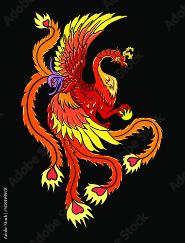 Beautiful line art of Phoenix for tattoo design on background.Phoenix vector for printing on shirt.Phoenix vector illustration for doodle art and coloring book on white isolated background.