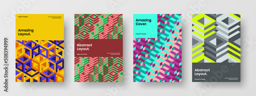 Premium annual report design vector illustration composition. Vivid geometric hexagons corporate brochure concept bundle.