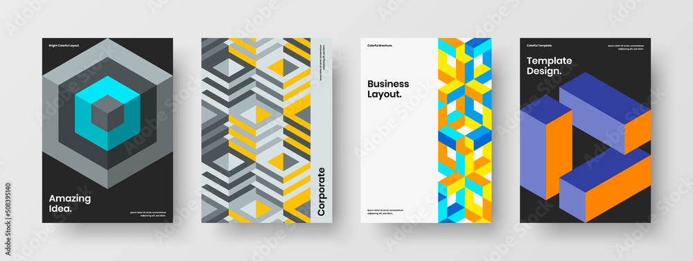 Vivid geometric pattern handbill concept set. Minimalistic banner A4 design vector illustration collection.