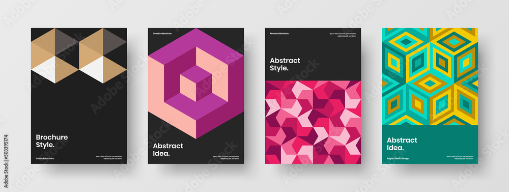 Bright corporate cover A4 design vector template collection. Unique geometric hexagons booklet illustration set.