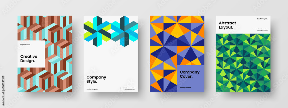 Fototapeta premium Bright geometric hexagons corporate brochure layout bundle. Abstract magazine cover design vector concept composition.