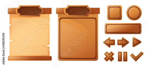 Wooden buttons for game user interface, user interface elements isolated on white background. vector cartoon illustration.