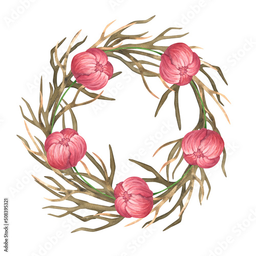 Wreath of dried branches and peonies. Watercolor decorative frame. Dry intertwined branches. Pink buds of peonies.