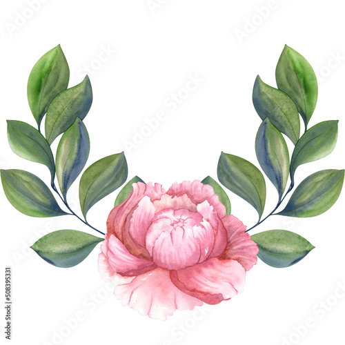 Pink peony with green leaves. Watercolor large flower. Floral card, invitation card.